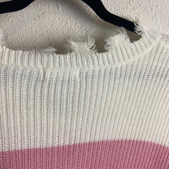 Jolie & Joy Size Large Distressed Striped Ribbed Knit Sweater Purple Blue Pink - Picture 2 of 7